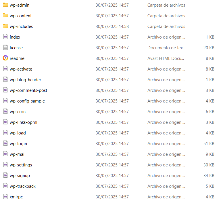 archivos de instalación wordpress